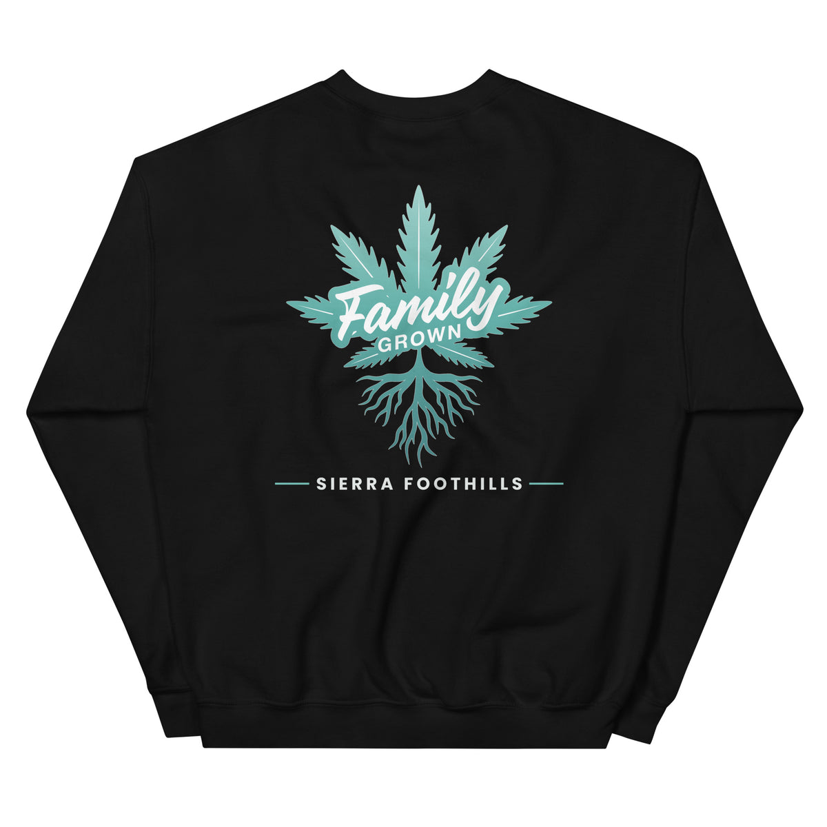 Family Grown Teal Leaf Crewneck - Sierra Foothills, black, back view