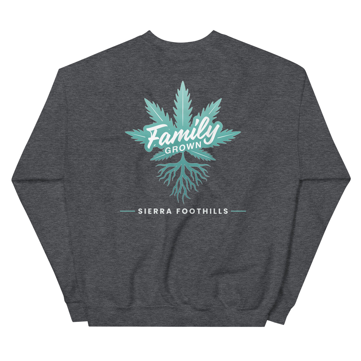 Family Grown Teal Leaf Crewneck - Sierra Foothills, dark heather, back view