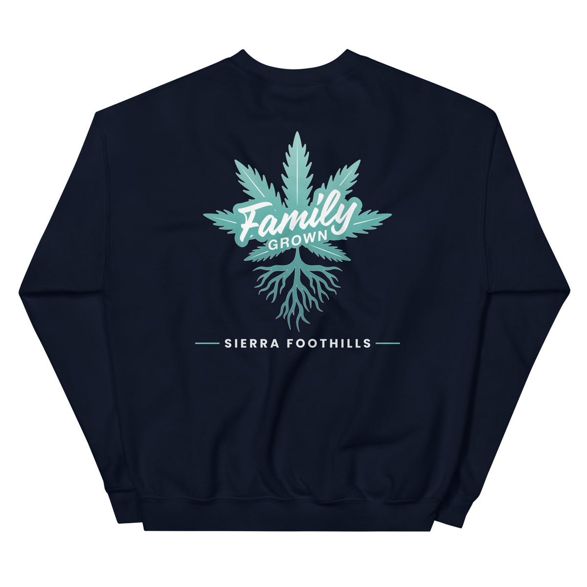 Family Grown Teal Leaf Crewneck - Sierra Foothills, navy, back view