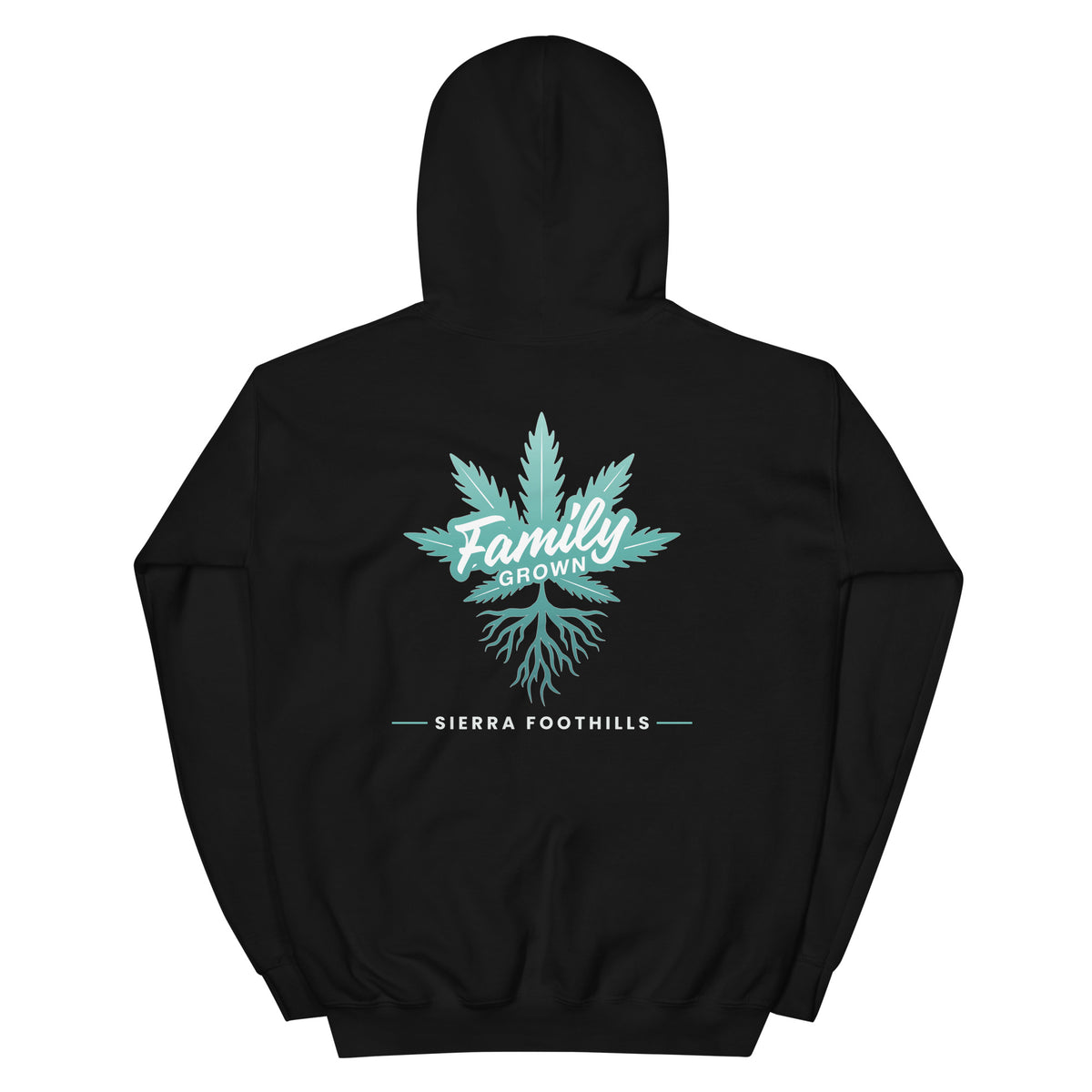 Family Grown Teal Leaf Hoodie - Sierra Foothills, black, back view