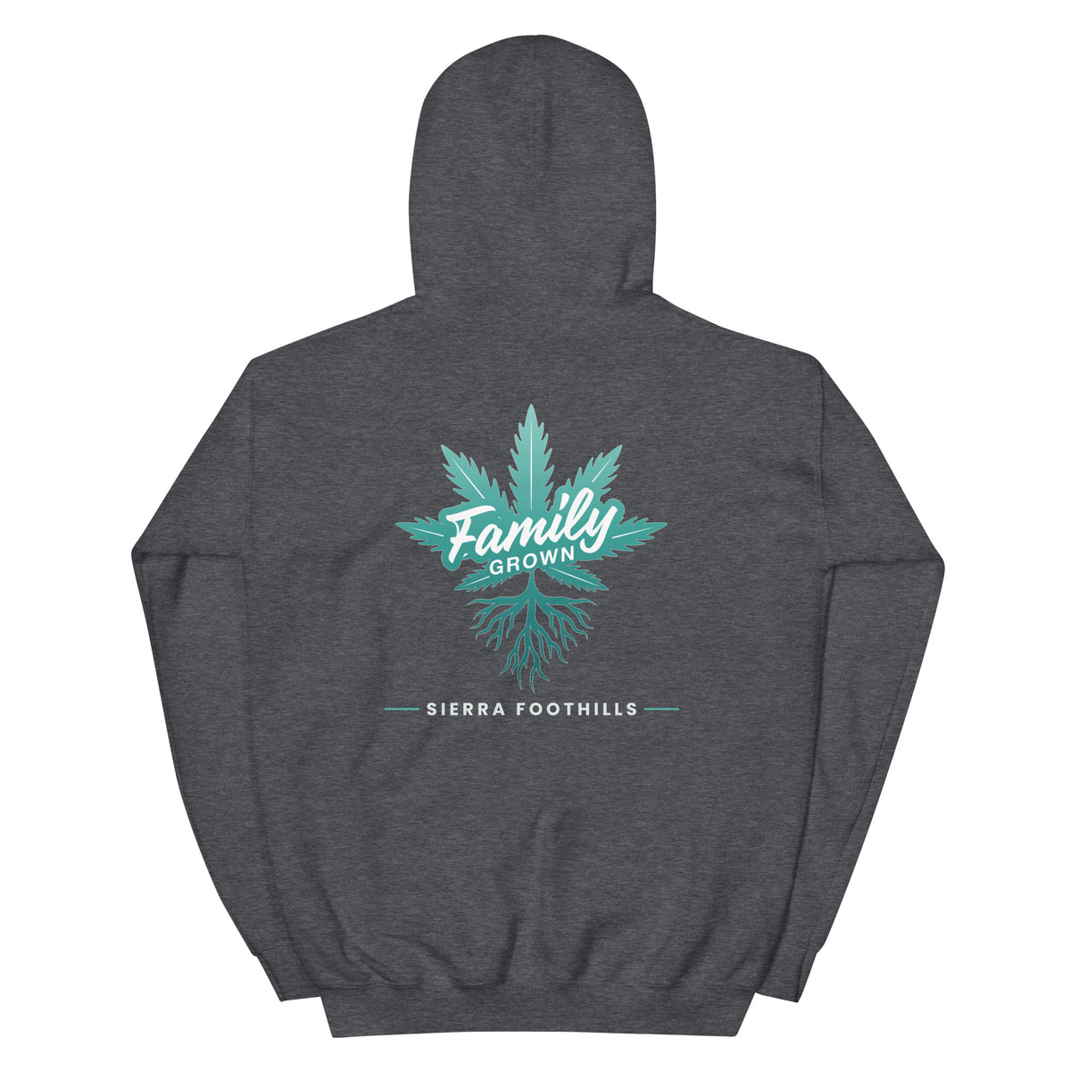 Family Grown Teal Leaf Hoodie - Sierra Foothills, dark heather, back view