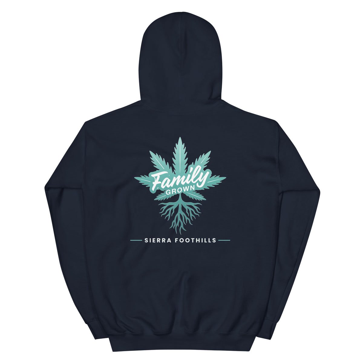 Family Grown Teal Leaf Hoodie - Sierra Foothills, navy, back view
