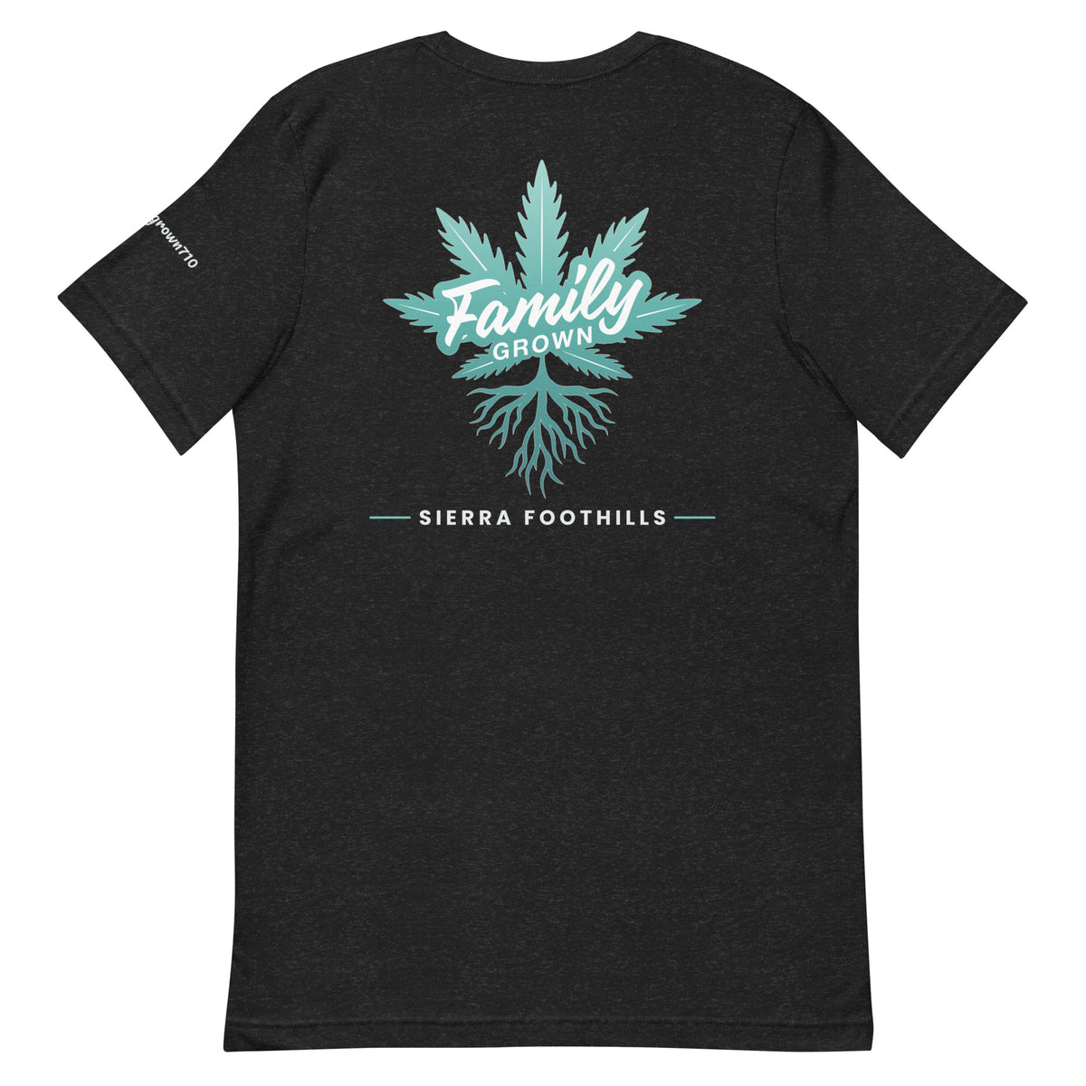 Family Grown Teal Leaf Tee - Sierra Foothills, black heather, back view